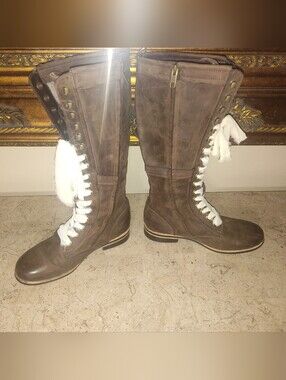 EMPIRE Tall Lace-Up Brown Suede Boots with White Laces.